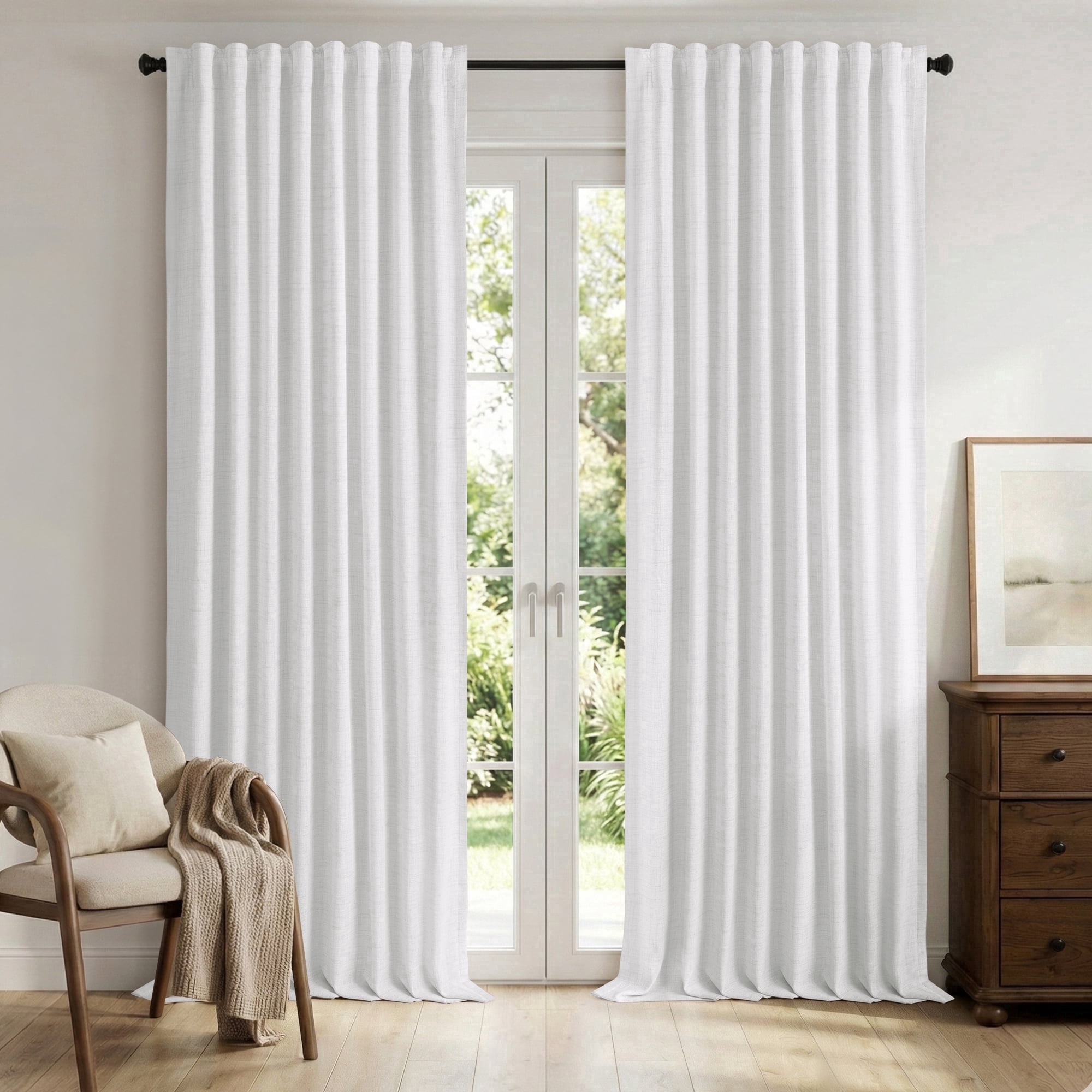 KoshiMe Faux Linen 100% Blackout Curtains for Living Room Bedroom,108 Inch Long Thermal Insulated Back Tab Window Curtains,BrightWhite