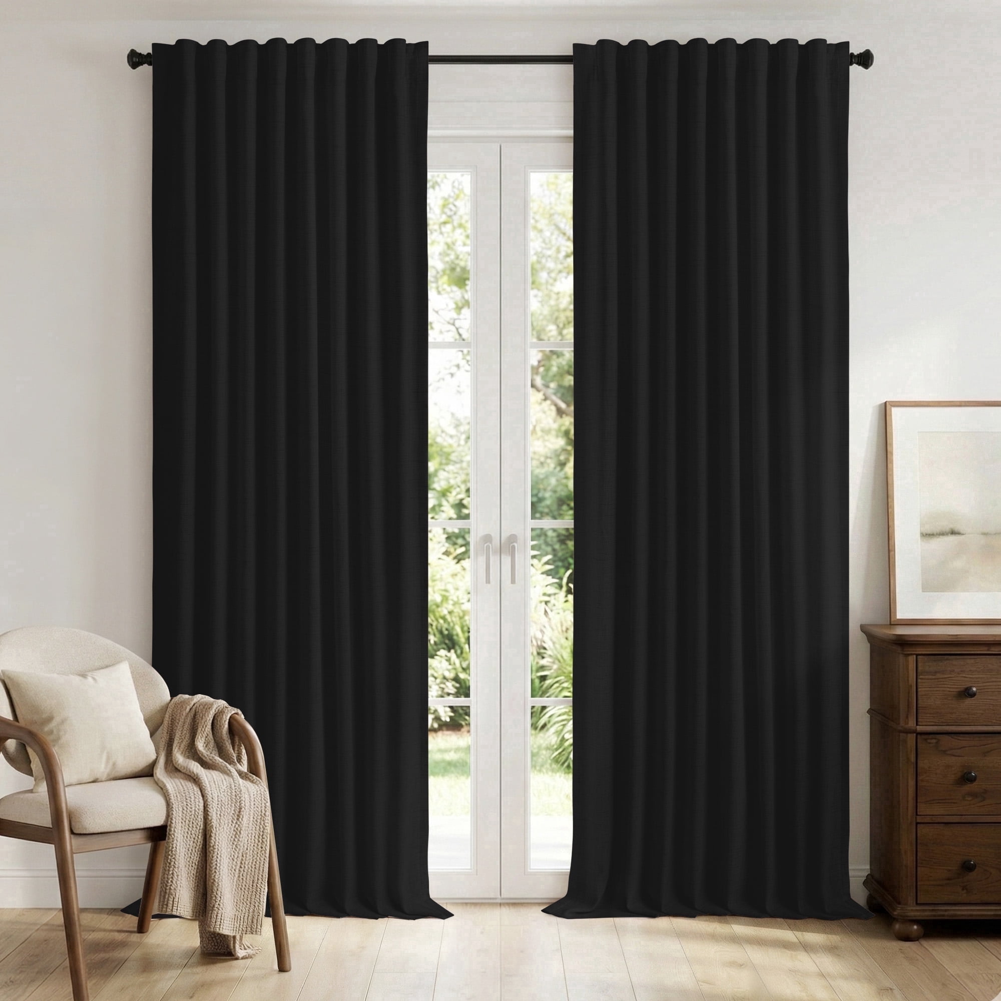 KoshiMe Faux Linen 100% Blackout Curtains for Living Room Bedroom,84 Inch Long Thermal Insulated Back Tab Window Curtains,Black