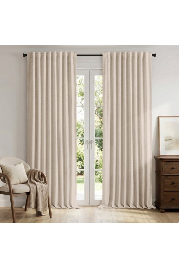Faux Linen 100% Blackout Curtains for Living Room Bedroom,84 Inch Long Thermal Insulated Back Tab Window Curtains,Oatmeal