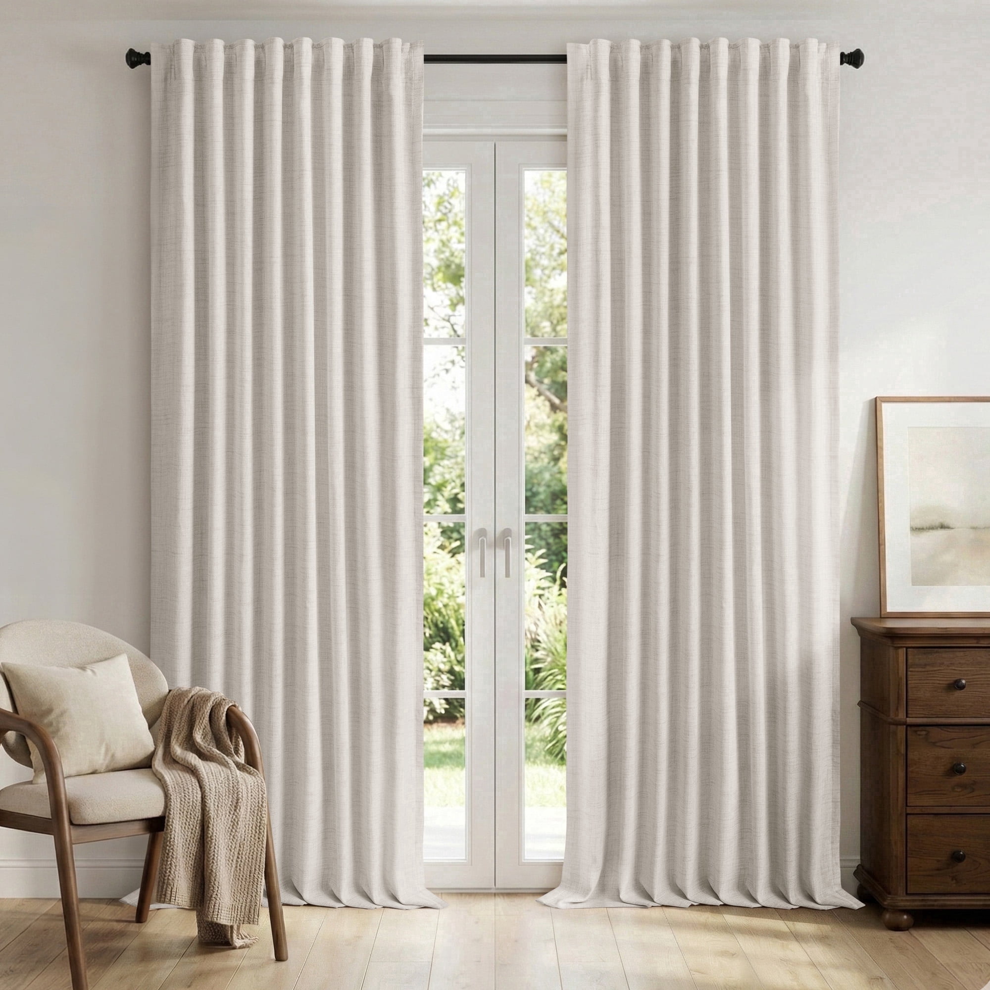 KoshiMe Faux Linen 100% Blackout Curtains for Living Room Bedroom,90 Inch Long Thermal Insulated Back Tab Window Curtains,Cream