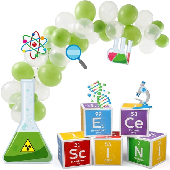 Kosiz Green Clear Color 61 Pcs Science Party Kit Scientist Birthday Party Supplies with 12 Inches Science Favors Boxes Chemistry Laboratory Erlenmeyer Flask Prop Sign for Lab Week Stem Y102