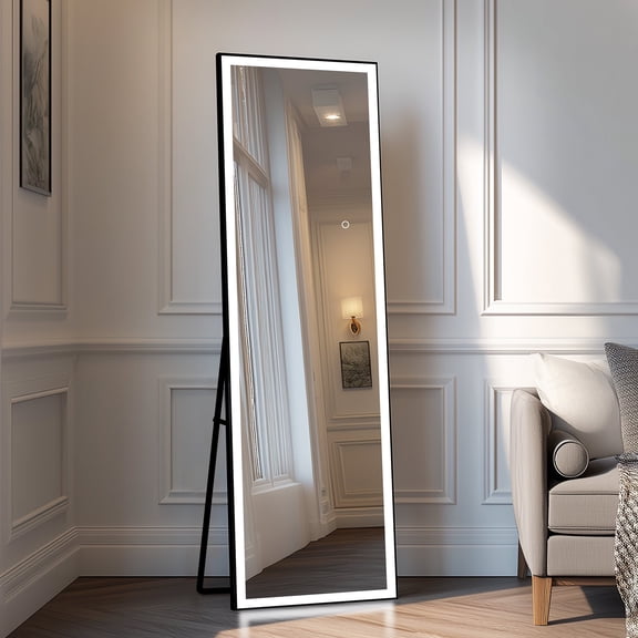 Kosmonia 58x16 Frameless Full Length Mirror, Dimmable 3 Color LED Light w/Memory Function, Distortion Free, HD Reflection & Anti Desilvering, Tempered Glass & Shatter Proof Film Doubling Safety