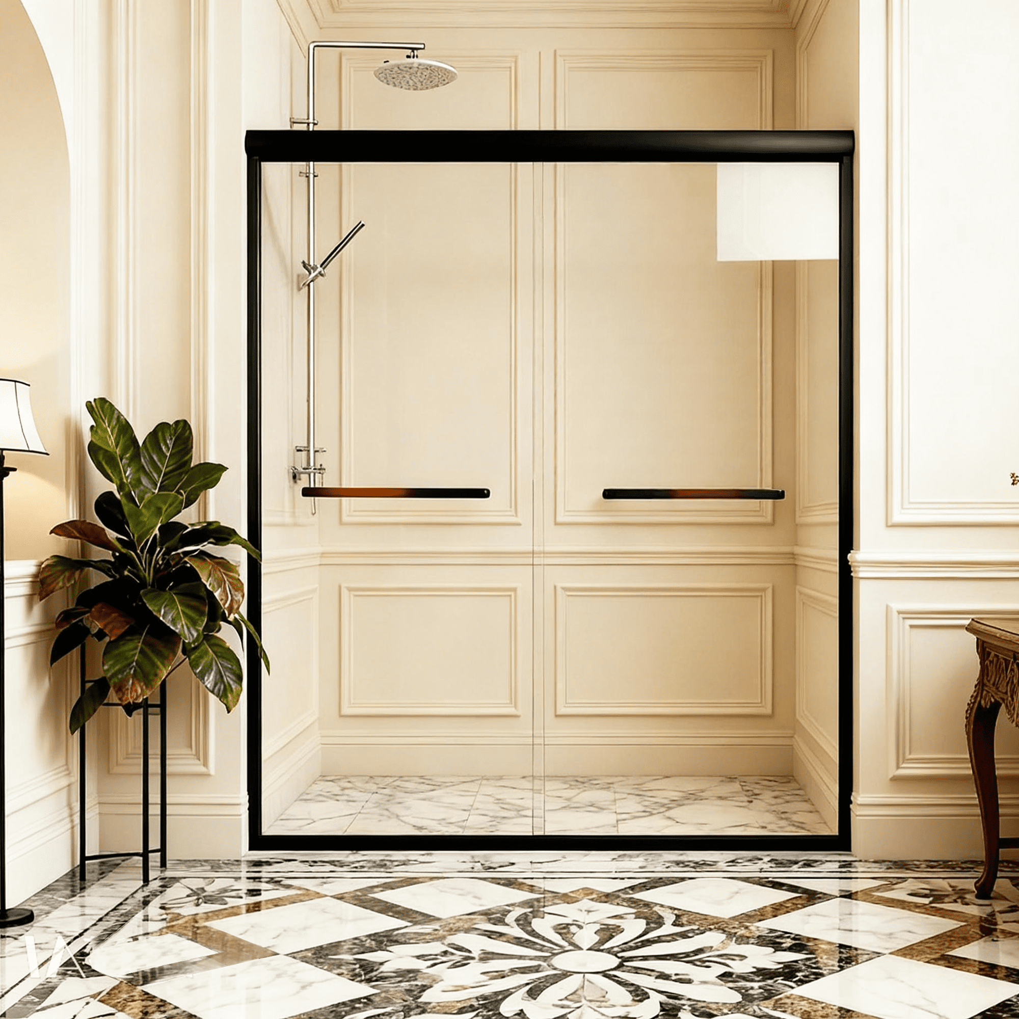 Kosmonia Double Sliding Bypass Bathroom Shower Door, 1/4 Inch Thick Tempered Glass, Matte Black Aluminum Frame, Heavy-Duty Stainless Steel Hardware