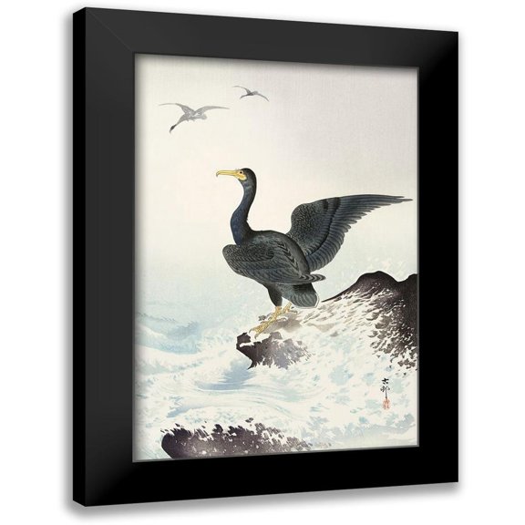 Koson, Ohara 11x14 Black Modern Framed Museum Art Print Titled - Red mask cormorant on rock