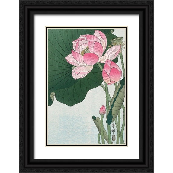 Koson, Ohara 11x14 Black Ornate Wood Framed with Double Matting Museum Art Print Titled - Blooming lotus flowers