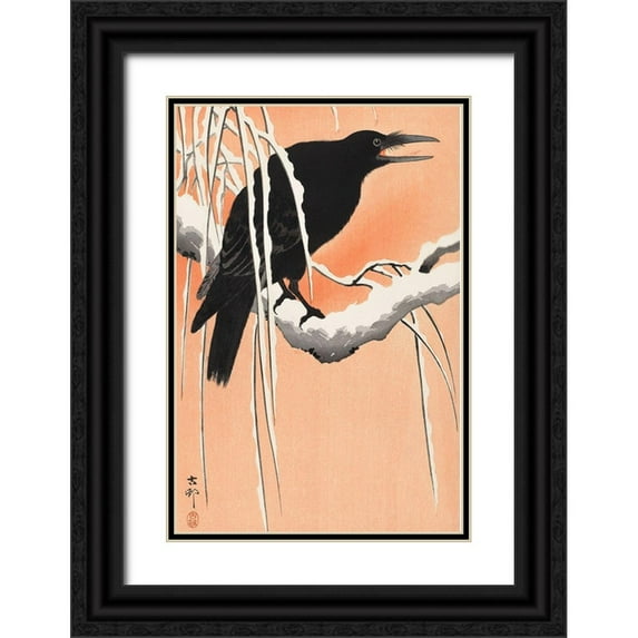 Koson, Ohara 11x14 Black Ornate Wood Framed with Double Matting Museum Art Print Titled - Crow on snowy branch