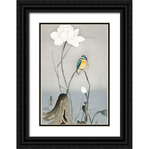 Koson, Ohara 11x14 Black Ornate Wood Framed with Double Matting Museum Art Print Titled - Kingfisher with Lotus Flower