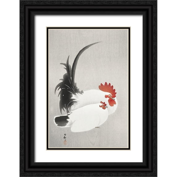 Koson, Ohara 11x14 Black Ornate Wood Framed with Double Matting Museum Art Print Titled - Rooster and hen