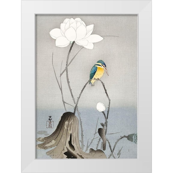 Koson, Ohara 11x14 White Modern Wood Framed Museum Art Print Titled - Kingfisher with Lotus Flower