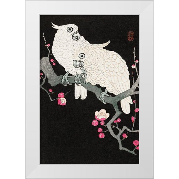 Koson, Ohara 11x14 White Modern Wood Framed Museum Art Print Titled - Two cockatoo and plum blossom