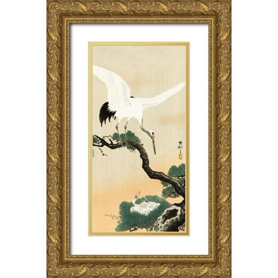 Koson, Ohara 11x18 Gold Ornate Wood Framed with Double Matting Museum Art Print Titled - Japanese crane bird on branch of pine