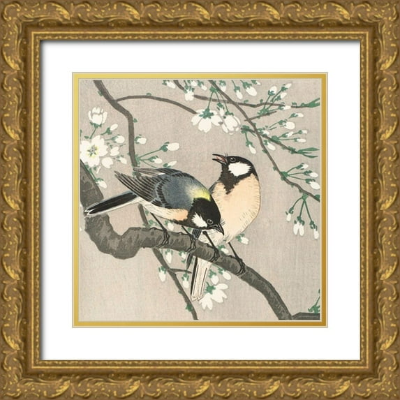 Koson, Ohara 12x12 Gold Ornate Wood Framed with Double Matting Museum Art Print Titled - Tits on Cherry Branch