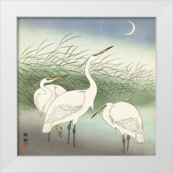 Koson, Ohara 12x12 White Modern Wood Framed Museum Art Print Titled - Herons in shallow water