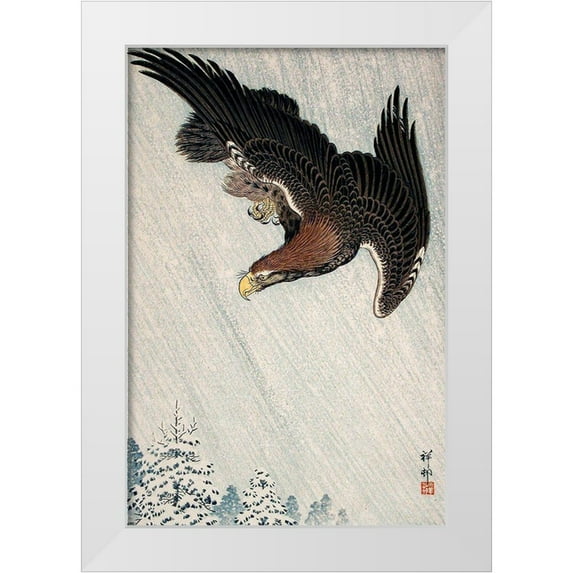Koson, Ohara 13x18 White Modern Wood Framed Museum Art Print Titled - Eagle Flying in Snow