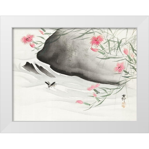 Koson, Ohara 14x12 White Modern Wood Framed Museum Art Print Titled - Plants with pink flowers by the river