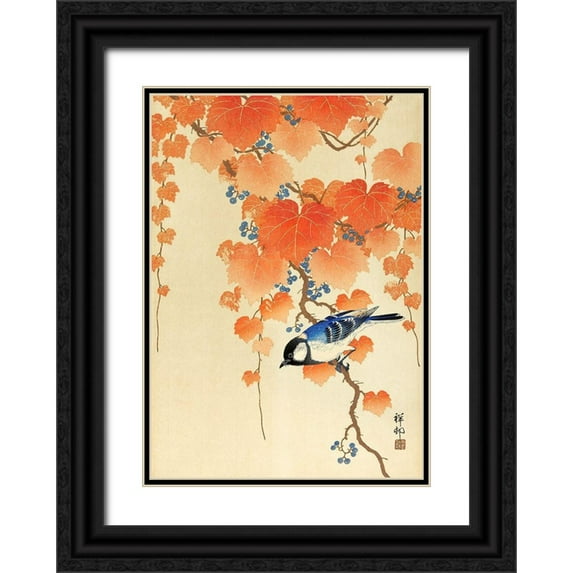Koson, Ohara 14x18 Black Ornate Wood Framed with Double Matting Museum Art Print Titled - Great tit on paulownia branch