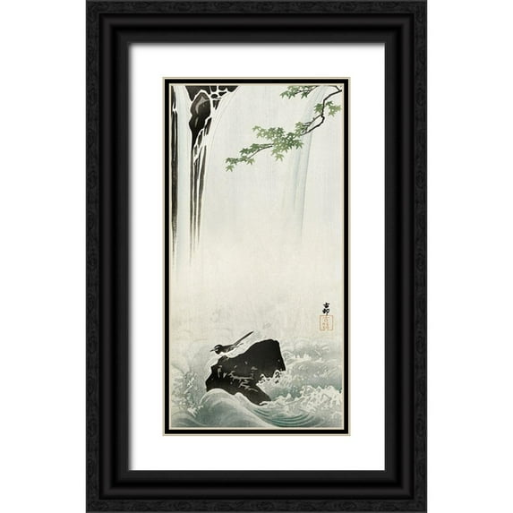 Koson, Ohara 14x24 Black Ornate Wood Framed with Double Matting Museum Art Print Titled - Japanese wagtail at waterfall