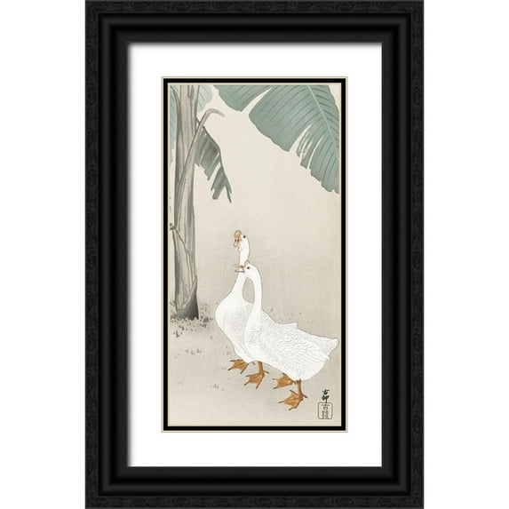 Koson, Ohara 14x24 Black Ornate Wood Framed with Double Matting Museum Art Print Titled - Two geese at banana tree