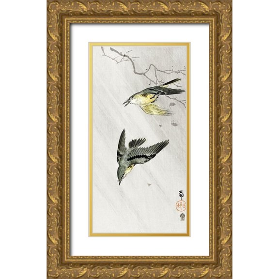 Koson, Ohara 14x24 Gold Ornate Wood Framed with Double Matting Museum Art Print Titled - Songbirds in rain