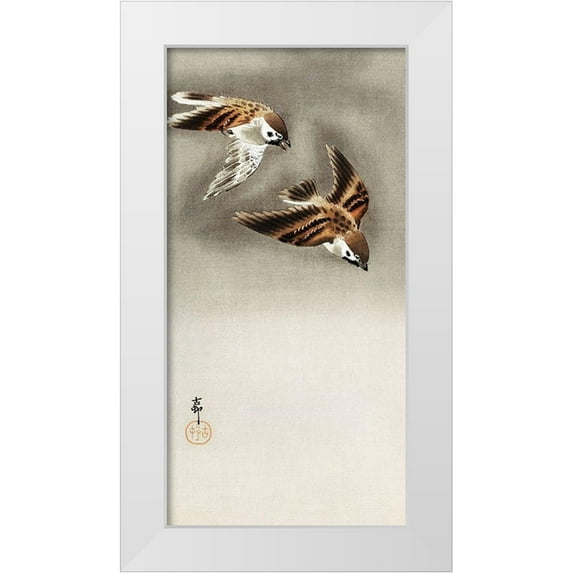 Koson, Ohara 14x24 White Modern Wood Framed Museum Art Print Titled - Ring sparrows in snow