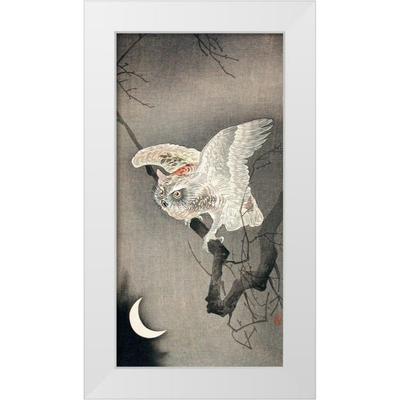 Koson, Ohara 14x24 White Modern Wood Framed Museum Art Print Titled - Scops Owl in Moonlight