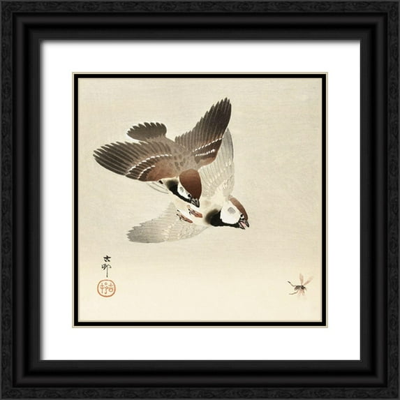 Koson, Ohara 15x15 Black Ornate Wood Framed with Double Matting Museum Art Print Titled - Ring sparrows and insect