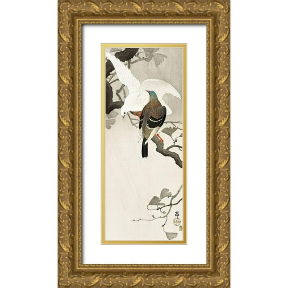 Koson, Ohara 15x32 Gold Ornate Wood Framed with Double Matting Museum Art Print Titled - Two pigeons on a branch