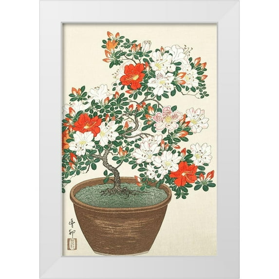 Koson, Ohara 17x24 White Modern Wood Framed Museum Art Print Titled - Blooming azalea in brown pot