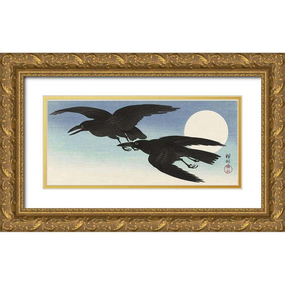 Koson, Ohara 18x10 Gold Ornate Wood Framed with Double Matting Museum Art Print Titled - Crows at full moon