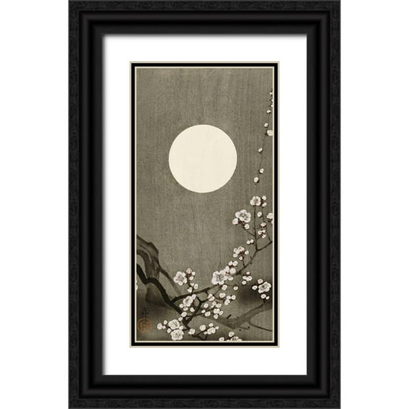 Koson, Ohara 18x32 Black Ornate Wood Framed with Double Matting Museum Art Print Titled - Blooming plum blossom at full moon