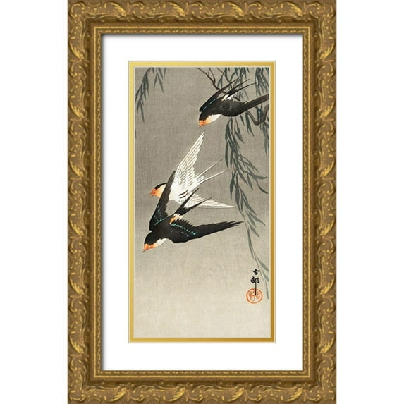 Koson, Ohara 18x32 Gold Ornate Wood Framed with Double Matting Museum Art Print Titled - Three red-tailed swallows in dive