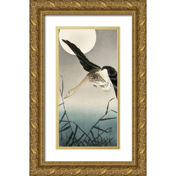 Koson, Ohara 18x32 Gold Ornate Wood Framed with Double Matting Museum Art Print Titled - White-fronted goose at full moon