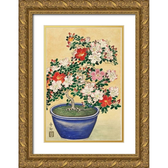 Koson, Ohara 23x32 Gold Ornate Wood Framed with Double Matting Museum Art Print Titled - Blooming azalea in blue pot