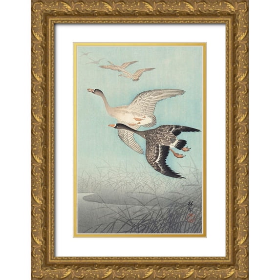 Koson, Ohara 23x32 Gold Ornate Wood Framed with Double Matting Museum Art Print Titled - Great geese in flight