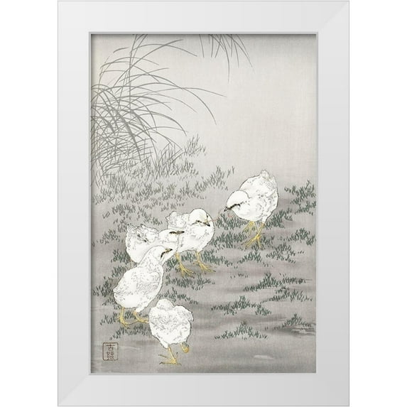 Koson, Ohara 23x32 White Modern Wood Framed Museum Art Print Titled - Five chicks