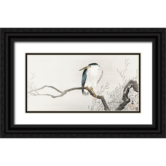 Koson, Ohara 24x14 Black Ornate Wood Framed with Double Matting Museum Art Print Titled - Quack on erratic branch