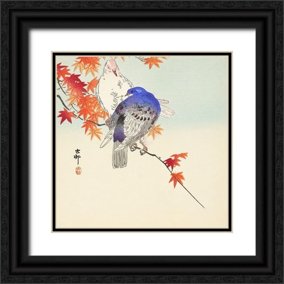Koson, Ohara 26x26 Black Ornate Wood Framed with Double Matting Museum Art Print Titled - Two pigeons on autumn branch