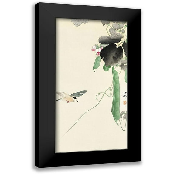 Koson, Ohara 9x14 Black Modern Framed Museum Art Print Titled - Bird at flowering bean plant