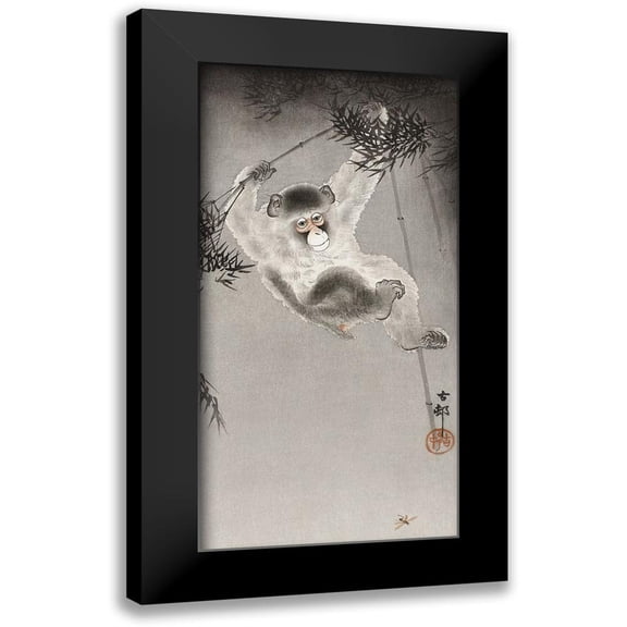 Koson, Ohara 9x14 Black Modern Framed Museum Art Print Titled - Monkey, hanging from bamboo branch