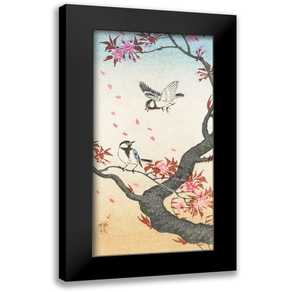 Koson, Ohara 9x14 Black Modern Framed Museum Art Print Titled - Two great tits at blossoming tree