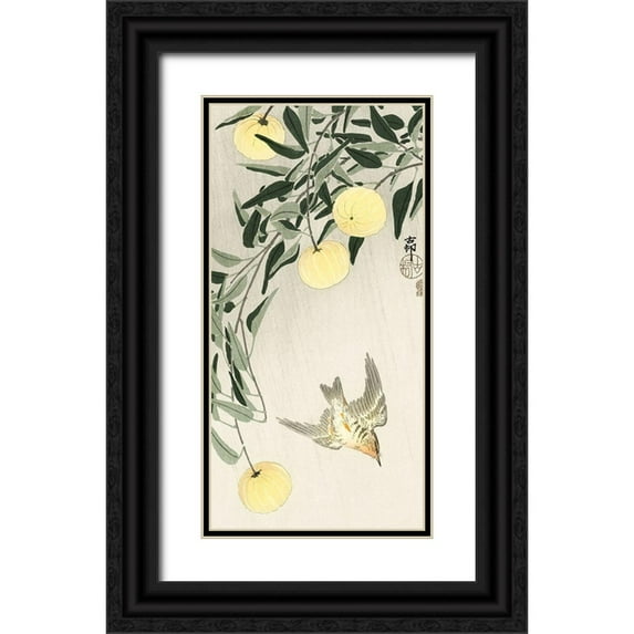 Koson, Ohara 9x14 Black Ornate Wood Framed with Double Matting Museum Art Print Titled - Cuckoo in the rain
