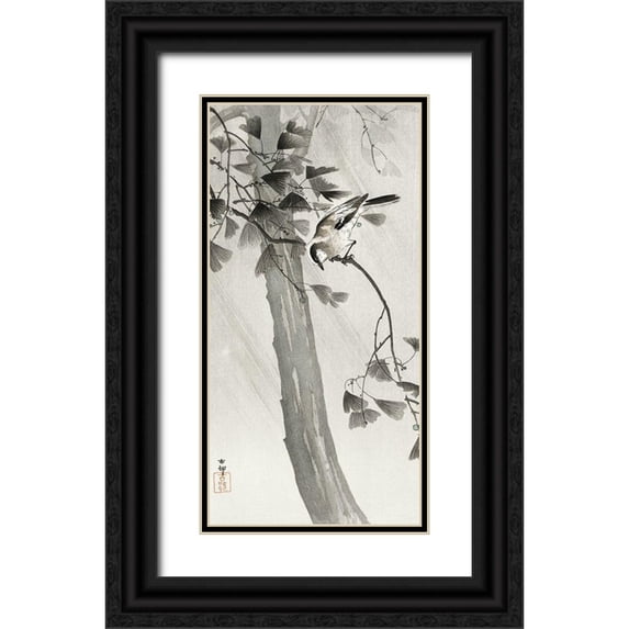 Koson, Ohara 9x14 Black Ornate Wood Framed with Double Matting Museum Art Print Titled - Long-tailed tit in storm