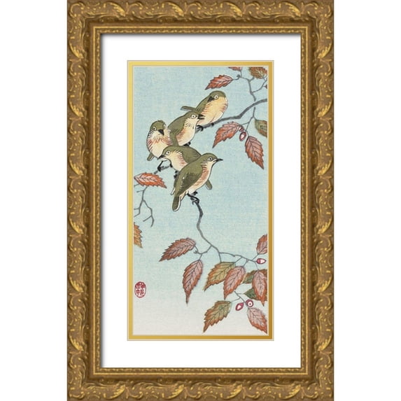 Koson, Ohara 9x14 Gold Ornate Wood Framed with Double Matting Museum Art Print Titled - Birds on a branch