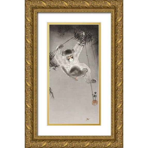 Koson, Ohara 9x14 Gold Ornate Wood Framed with Double Matting Museum Art Print Titled - Monkey, hanging from bamboo branch