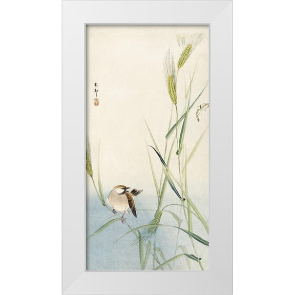 Koson, Ohara 9x14 White Modern Wood Framed Museum Art Print Titled - Bird and butterfly