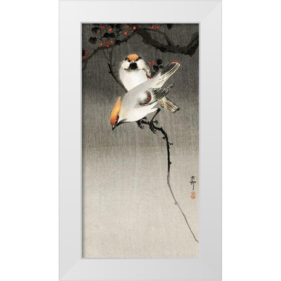 Koson, Ohara 9x14 White Modern Wood Framed Museum Art Print Titled - Bohemian waxwing birds
