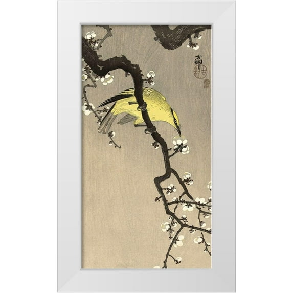 Koson, Ohara 9x14 White Modern Wood Framed Museum Art Print Titled - Chinese Wielewaal on Plum Blossom Branch, 1900-1910