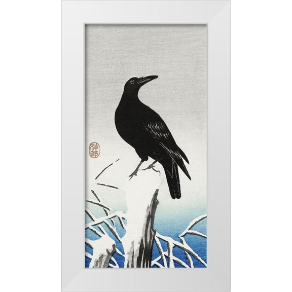 Koson, Ohara 9x14 White Modern Wood Framed Museum Art Print Titled - Crow on snowy pole