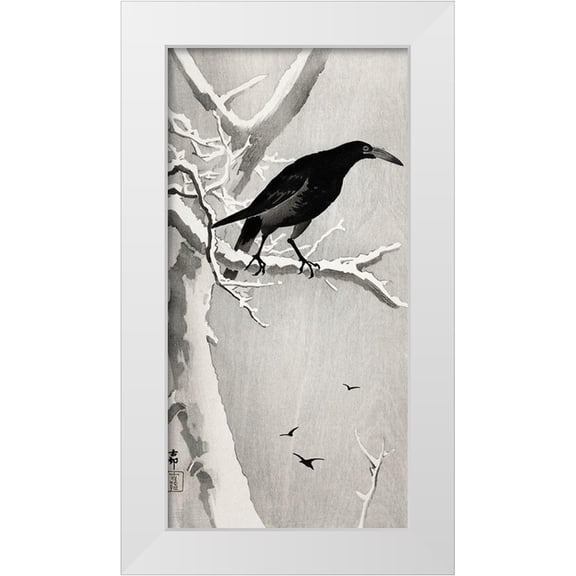 Koson, Ohara 9x14 White Modern Wood Framed Museum Art Print Titled - Crow on snowy tree branch