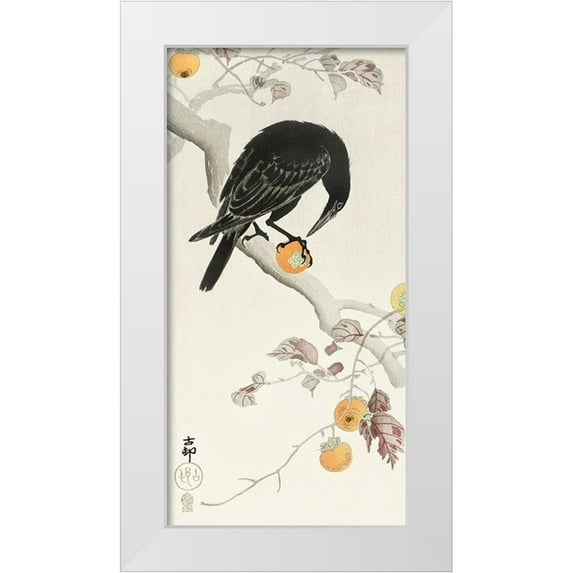 Koson, Ohara 9x14 White Modern Wood Framed Museum Art Print Titled - Crow with kaki fruit